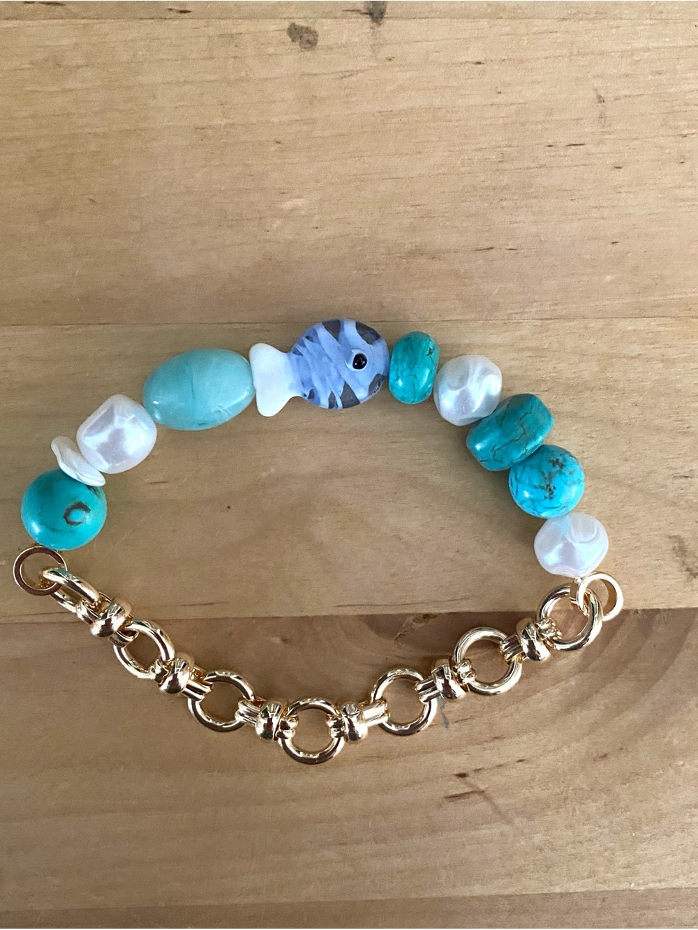Anthropologie Gold Chain Turquoise & Pearl Beaded Bracelet